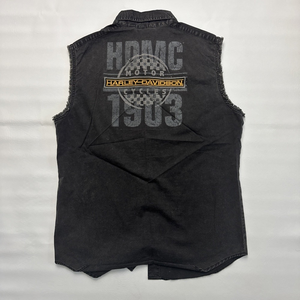 Harley Davidson 1903 Mens M‎ Black Denim Sleeveless Vest Shirt Embroidered Y2K